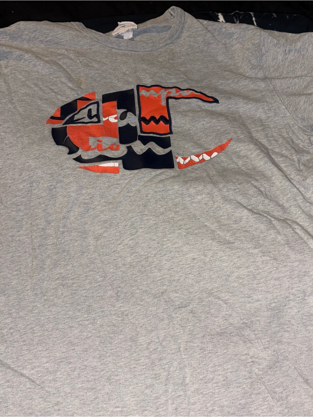 Champion Light Gray Short Sleeve Tee with Orange & Navy Graphic